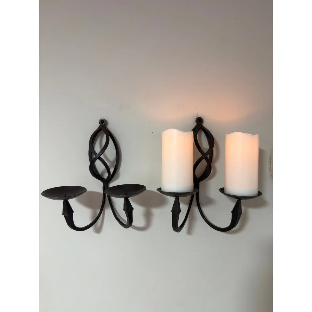 Vintage Pair Wrought Iron Double Arm Wall Sconces Candle Holders Gothic